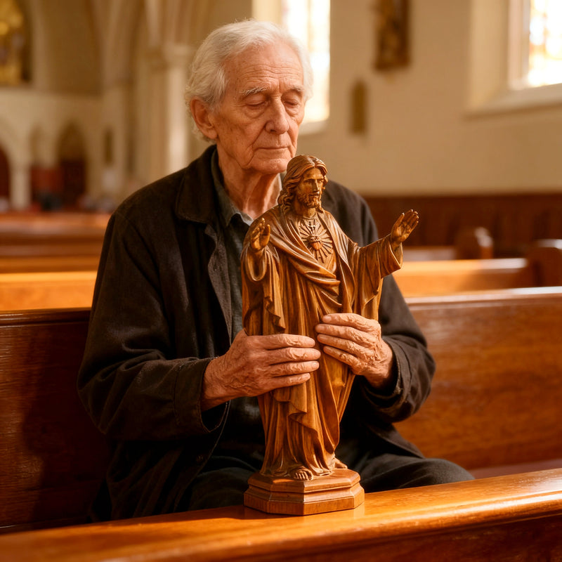 Hand Carved Sacred Heart of Jesus Virgin Mary Wooden Tabletop Ornament