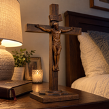 Hand-Carved Beechwood Crucifixion of Jesus Standing Cross – Christian Prayer & Home Altar Decor