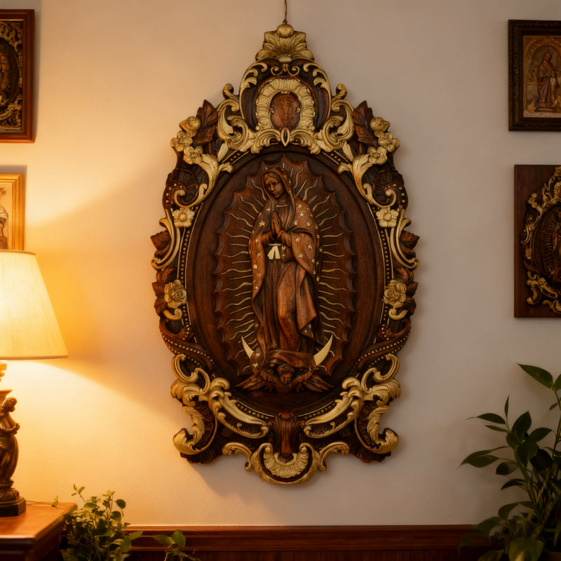 Religious gift with rich details of the wooden statue of Our Lady of Guadalupe