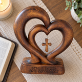 Handcrafted Beechwood Two Hearts One Covenant Cross Sculpture – Christian Wedding & Anniversary Gift
