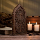 Hand-Carved Beechwood St. Benedict Medal Desktop Ornament