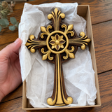 Hand-Carved Beechwood Ornate Cross – Gold Accented Christian Wall Cross