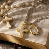Two Charms Necklace, Iced Cross & Miraculous Medal Pendant, 316L Stainless Steel Religious Ball Chain Jewelry