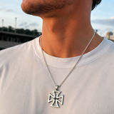 Men's Hollow Maltese Cross Stainless Steel Necklace, Vintage Knight Pendant Box Chain For Men