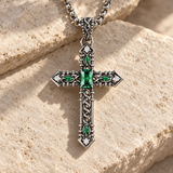 Vintage Green Stone Cross Pendant Necklace for Men