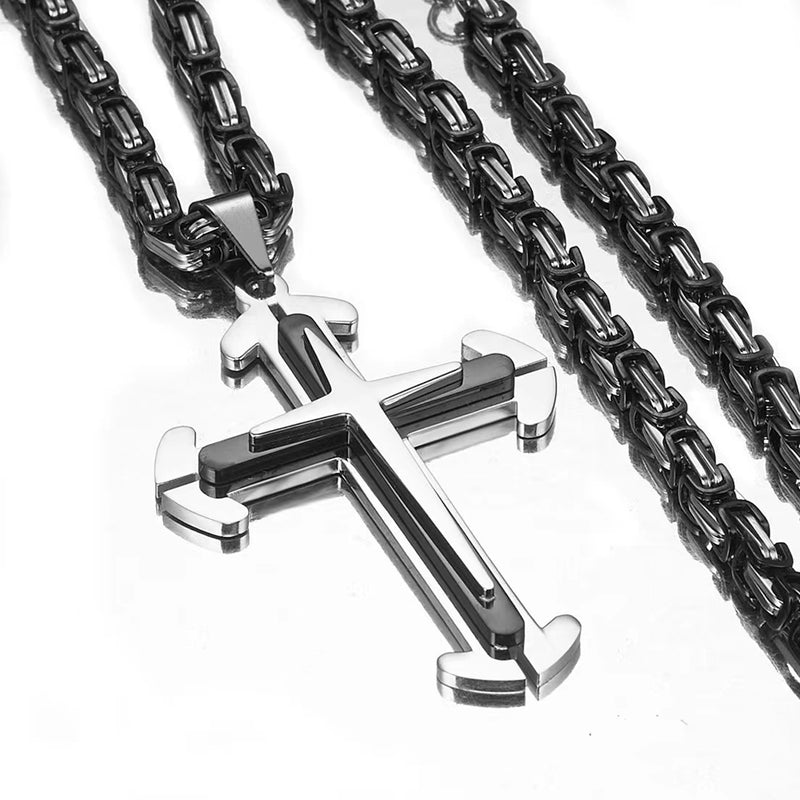 Stainless Steel Cross Byzantine Chain Pendant Necklace