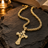 Heavy‑Duty Gothic CZ Inlay Cross Byzantine Chain Pendant Necklace