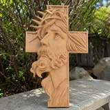 Handcrafted Beechwood Cross: Jesus with the Crown of Thorns