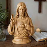 Hand-Carved Cypress Wood Sacred Heart of Jesus Statue – Christian Prayer & Home Devotional Decor