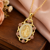 Two‑Tone Rose Virgin Mary Necklace, Vintage Zircon Religious Pendant for Women