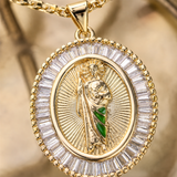 Oval Baguette Cubic Zirconia Saint Jude Medal Necklace, Gold Plated Brass St. Jude Pendant Religious Jewelry