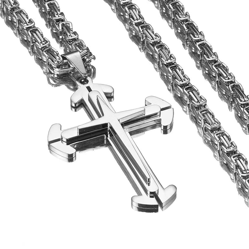 Stainless Steel Cross Byzantine Chain Pendant Necklace