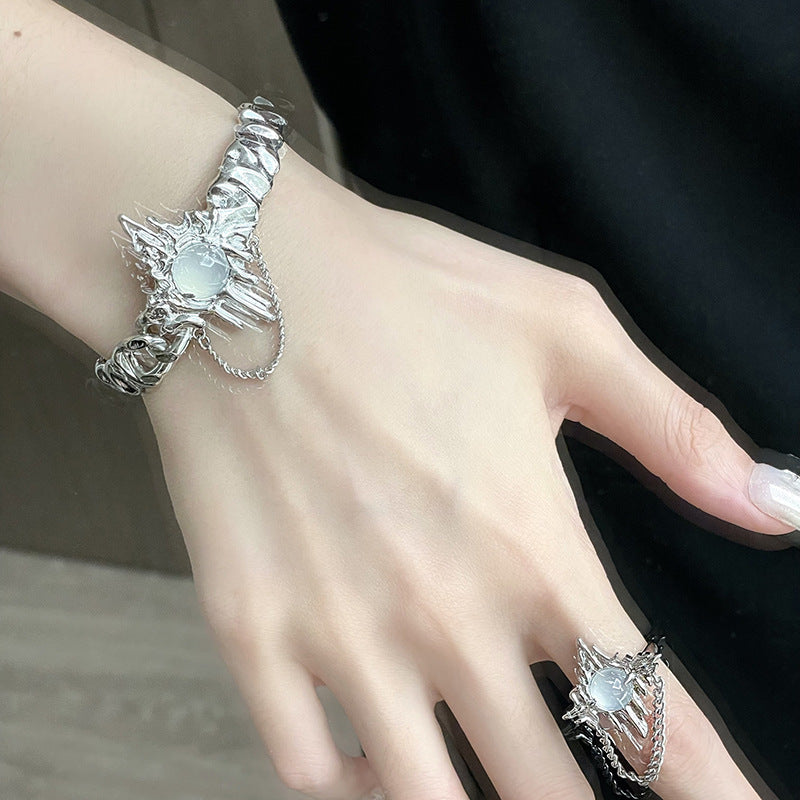 Irregular Pleated Chain Moonstone Skeleton Size Adjustable Bracelet Ring Set
