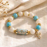 Chalcedony Cross Beaded Bracelet, Vintage Religious Printed Tube Bead Faith Jewelry for Women