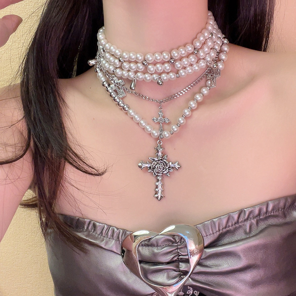 Multi-layer cross pearl necklace