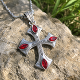 Vintage Red Zircon Cross Pendant Necklace, Religious Faith Men’s Necklace
