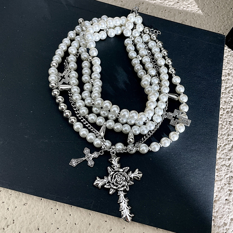 Multi-layer cross pearl necklace