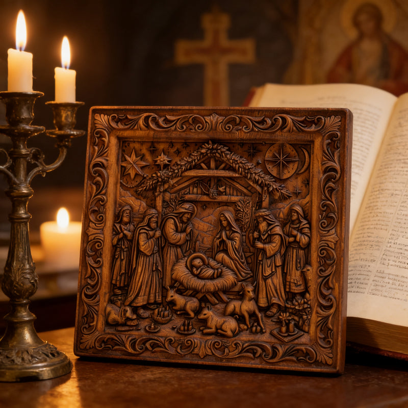 Handcarved Beechwood Nativity Scene Relief - Front View