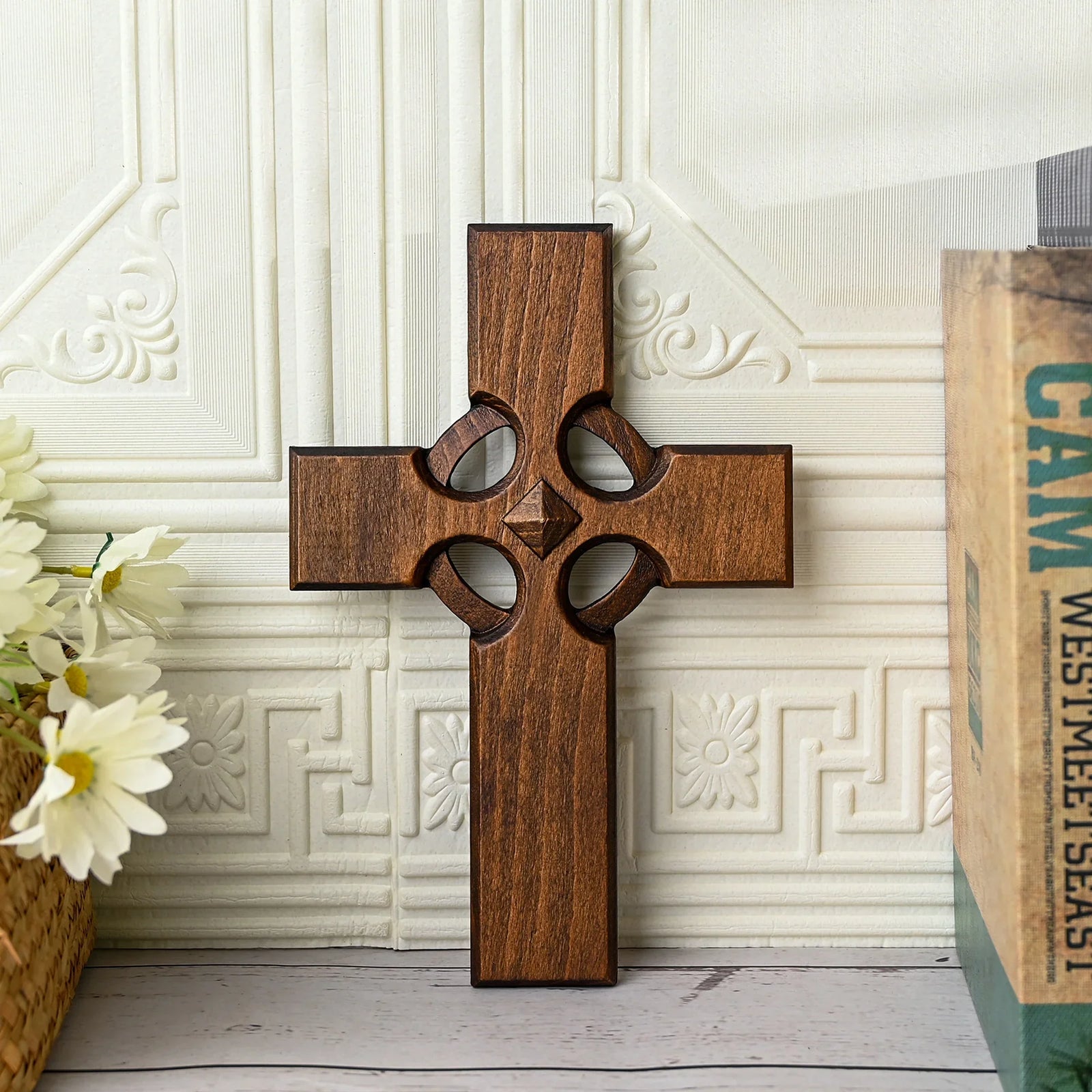 Irish Celtic Cross Wooden Hand Carved Cross for Wall Decor