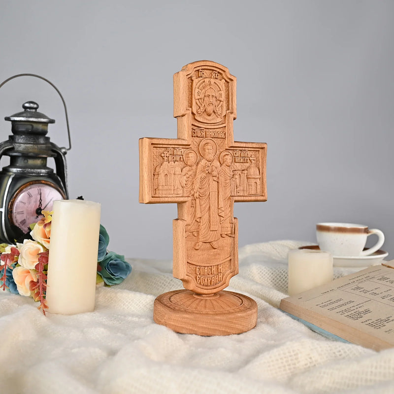 Double-sided carved cross tabletop ornament depicting Jesus' crucifixion and the apostles - BGCOPPER