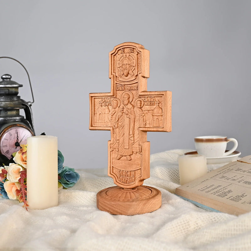 Double-sided carved cross tabletop ornament depicting Jesus' crucifixion and the apostles - BGCOPPER