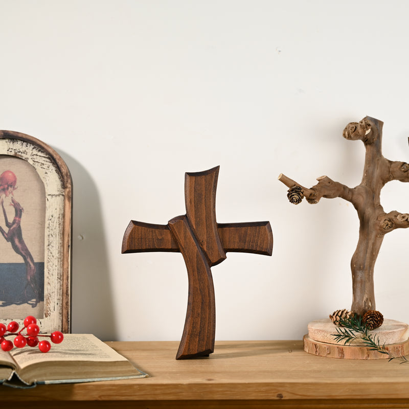 Minimalist Twist Wooden Hand Carved Cross for Wall Decor, Religious Gift Cross