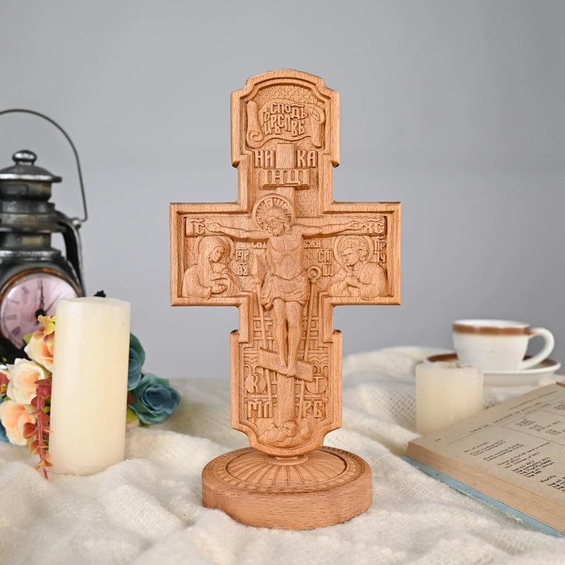 Double-sided carved cross tabletop ornament depicting Jesus' crucifixion and the apostles - BGCOPPER