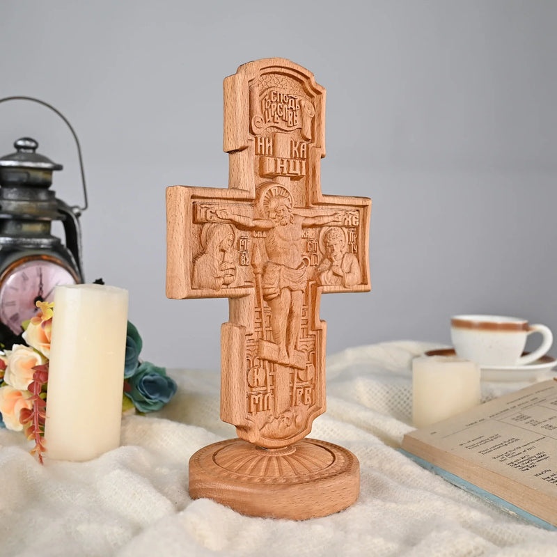 Double-sided carved cross tabletop ornament depicting Jesus' crucifixion and the apostles - BGCOPPER
