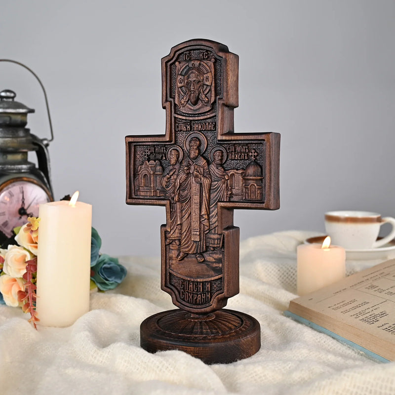Double-sided carved cross tabletop ornament depicting Jesus' crucifixion and the apostles - BGCOPPER