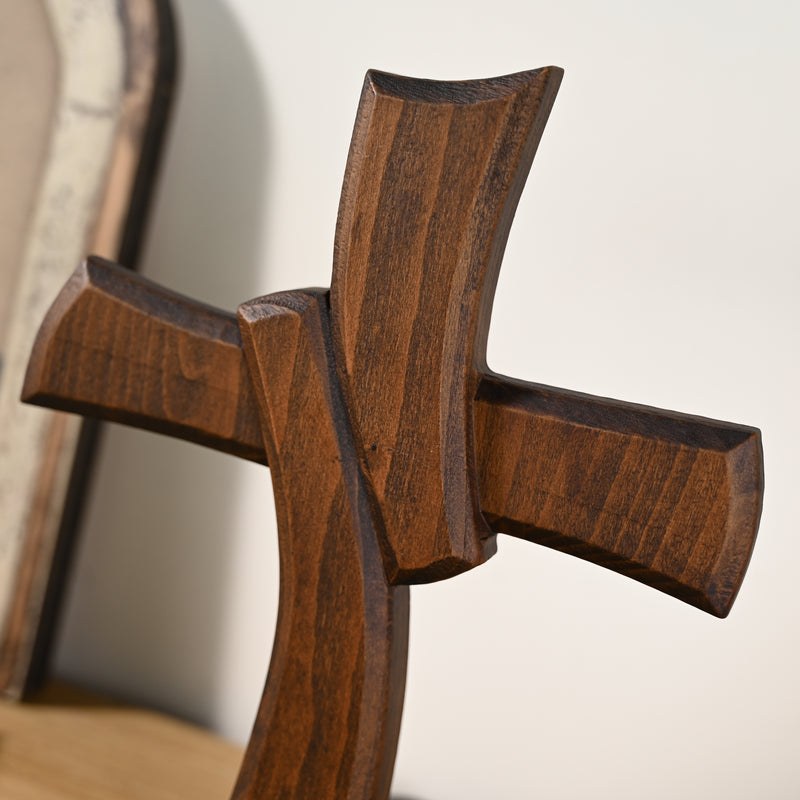 Minimalist Twist Wooden Hand Carved Cross for Wall Decor, Religious Gift Cross