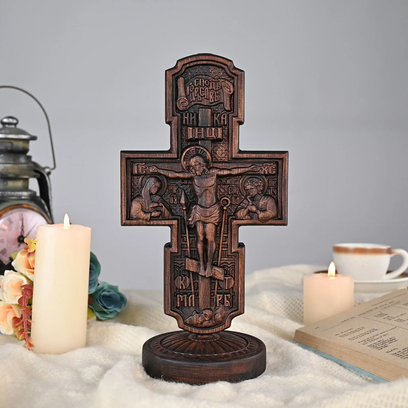 Double-sided carved cross tabletop ornament depicting Jesus' crucifixion and the apostles - BGCOPPER