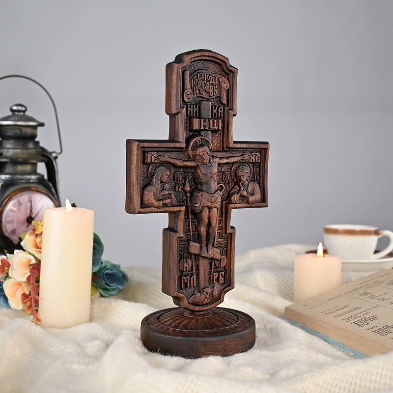 Double-sided carved cross tabletop ornament depicting Jesus' crucifixion and the apostles - BGCOPPER