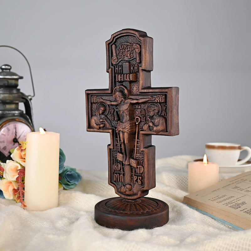 Double-sided carved cross tabletop ornament depicting Jesus' crucifixion and the apostles - BGCOPPER