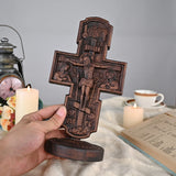 Double-sided carved cross tabletop ornament depicting Jesus' crucifixion and the apostles - BGCOPPER