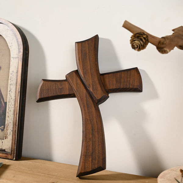 Minimalist Twist Wooden Hand Carved Cross for Wall Decor, Religious Gift Cross