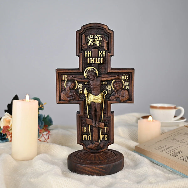 Double-sided carved cross tabletop ornament depicting Jesus' crucifixion and the apostles - BGCOPPER