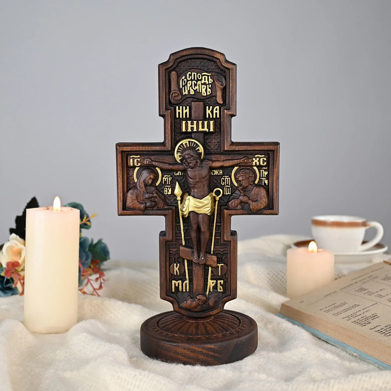 Double-sided carved cross tabletop ornament depicting Jesus' crucifixion and the apostles - BGCOPPER