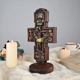 Double-sided carved cross tabletop ornament depicting Jesus' crucifixion and the apostles - BGCOPPER