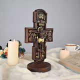 Double-sided carved cross tabletop ornament depicting Jesus' crucifixion and the apostles - BGCOPPER