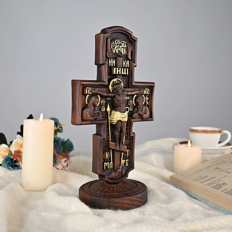 Double-sided carved cross tabletop ornament depicting Jesus' crucifixion and the apostles - BGCOPPER