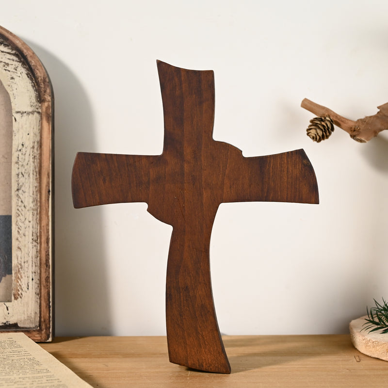 Minimalist Twist Wooden Hand Carved Cross for Wall Decor, Religious Gift Cross