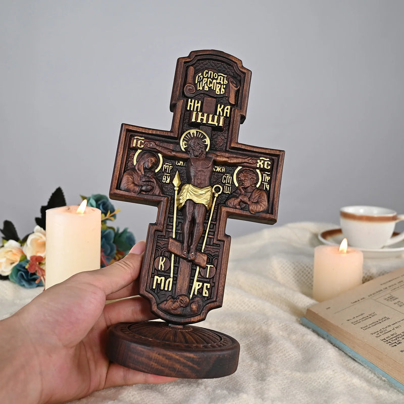 Double-sided carved cross tabletop ornament depicting Jesus' crucifixion and the apostles - BGCOPPER