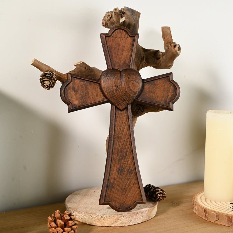 Eternal Heart Wooden Hand Carved Cross for Wall Decor, Religious Gift Cross