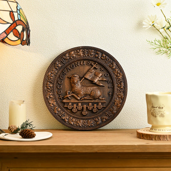 Lamb of God Round Wooden Sculpture