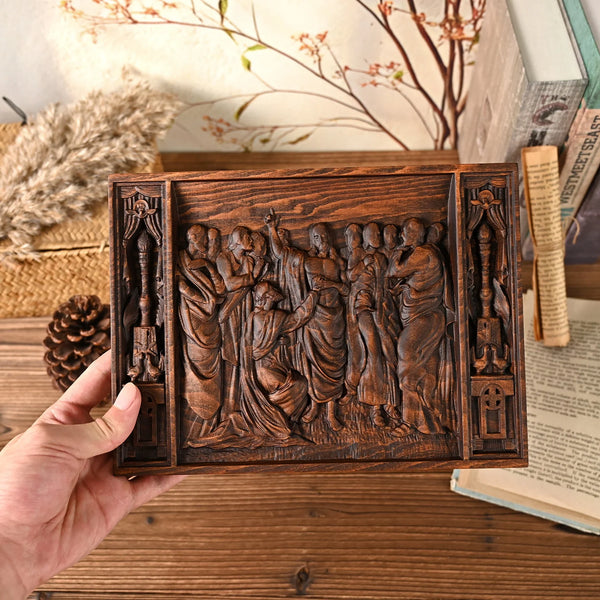Beech wood Thomas and Jesus resurrection scene wall hanging - BGCOPPER