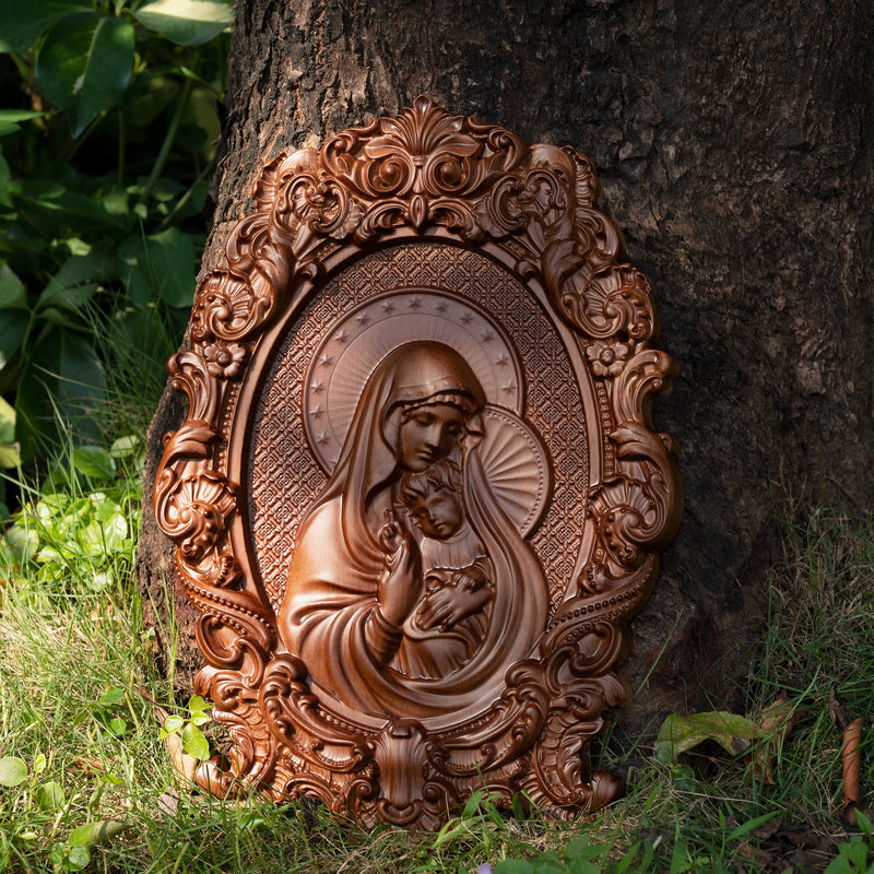 Mother Mary with Baby Jesus Wood Carving Decor