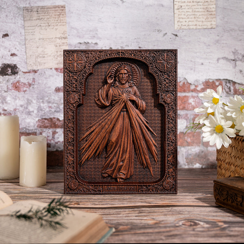 The Sacred Heart and Divine Mercy Jesus Christ Wood Wall Plaque