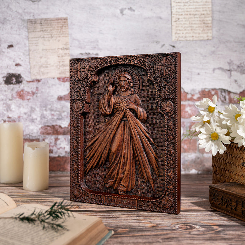 The Sacred Heart and Divine Mercy Jesus Christ Wood Wall Plaque