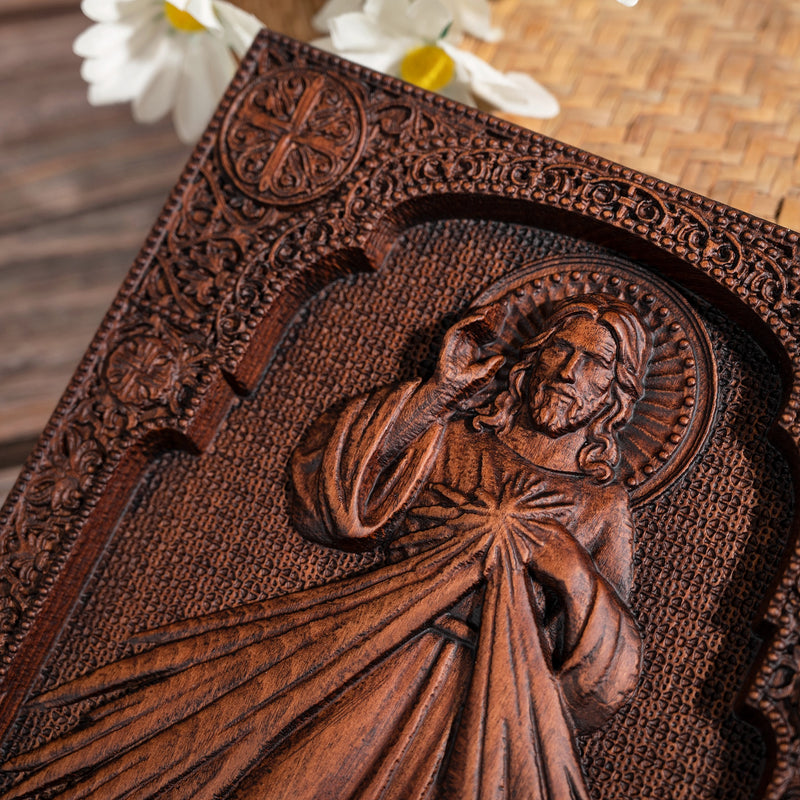 The Sacred Heart and Divine Mercy Jesus Christ Wood Wall Plaque