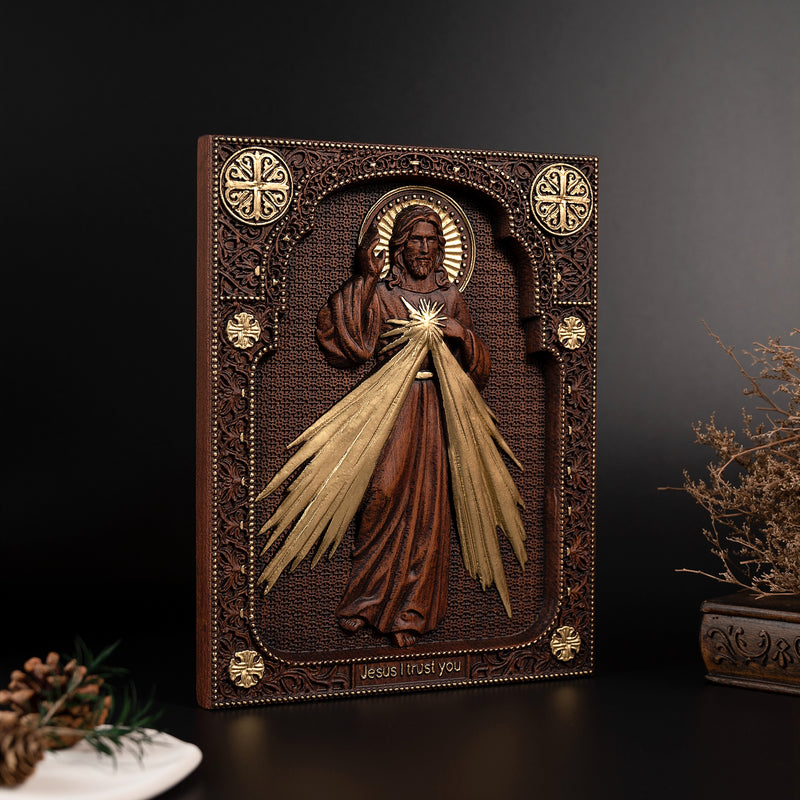 The Sacred Heart and Divine Mercy Jesus Christ Wood Wall Plaque